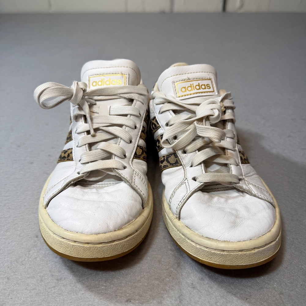 Adidas Women Leather White Gold Leopard Print Casual Sneakers Shoes